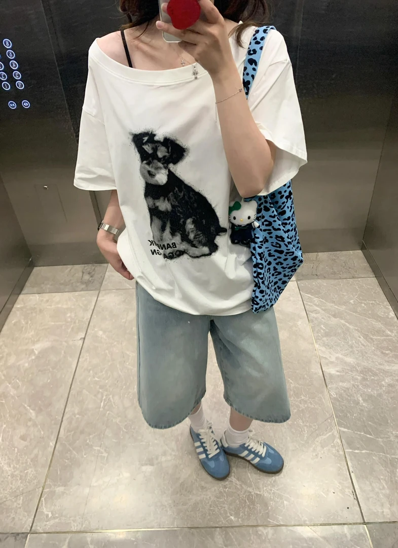 夏季韩版纯棉短袖T恤露肩斜肩设计纯欲慵懒风女装