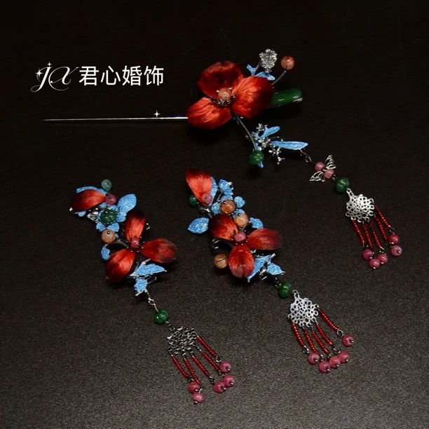 君心家 K334掐丝绒花红蓝步摇边夹三件套新中式旗袍马面裙头饰