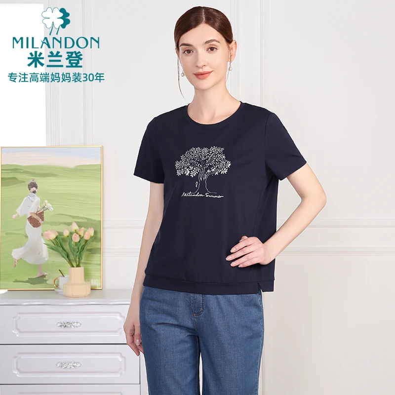 MILANDON/米兰登2025夏季新款休闲印花圆领短袖女士T恤1Q2T1129X