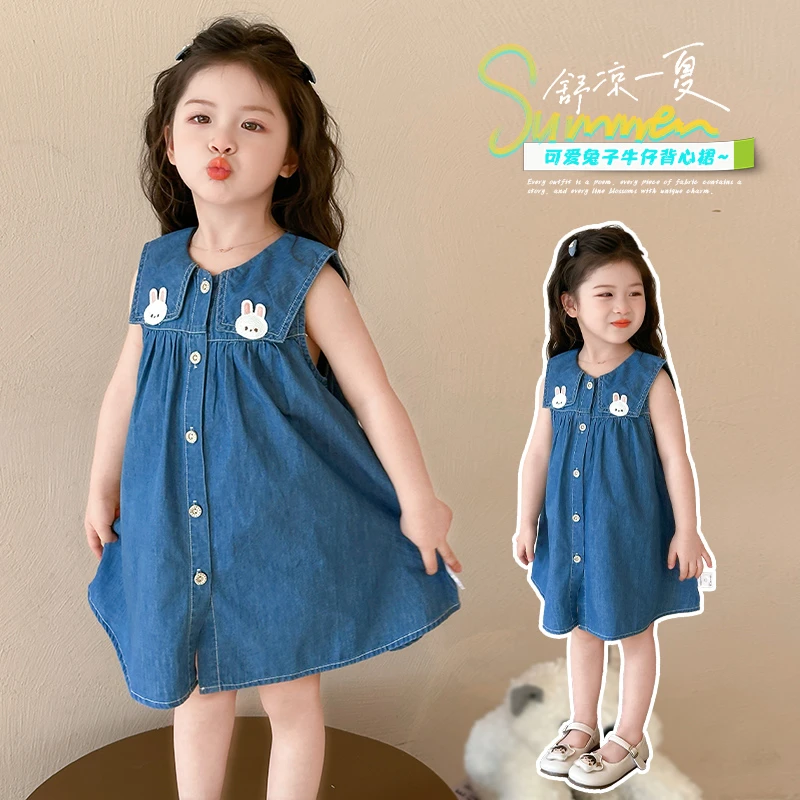 女童夏季牛仔连衣裙甜美小兔女宝宝无袖裙子夏款薄款2025新款爆款