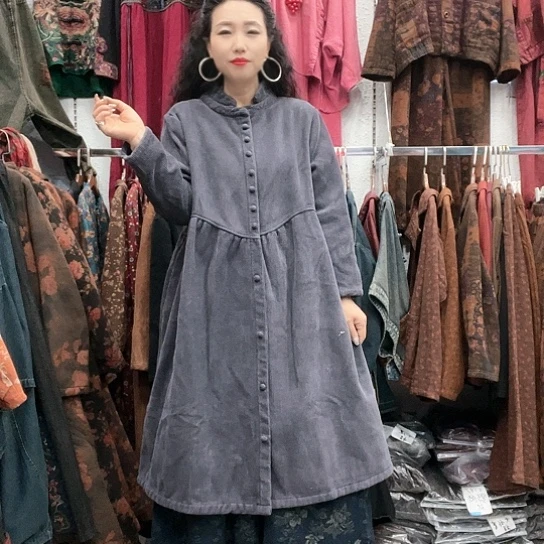织绣招财猫灯芯绒加绒大衣灰