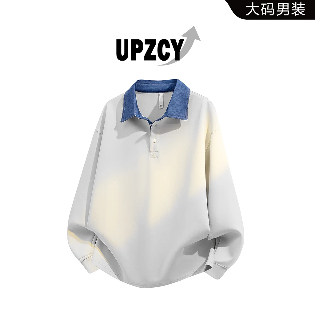 UPZCY男士大码撞色拼接卫衣春秋翻领宽松休闲长袖polo领上衣男装