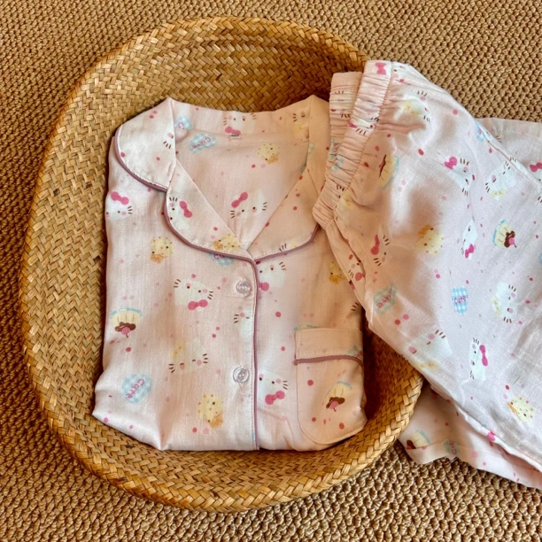 睡个好觉 粉粉kitty猫 全棉双层纱凯蒂猫家居睡衣两件套装长袖裤