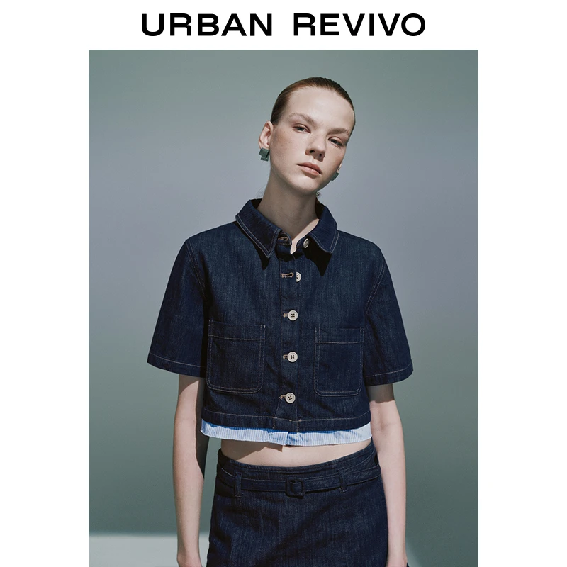 UR2025夏季新款女装时尚复古撞色拼接短袖牛仔衬衫UYY850108