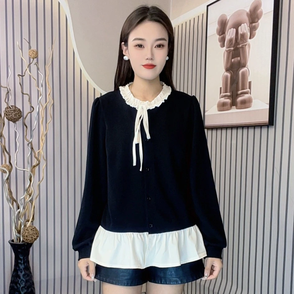 冬韩系设计感假两件拼接气质系带上衣衬衫