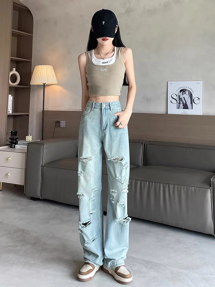 星空蓝破洞牛仔裤女夏季款高腰显瘦直筒阔腿拖地加长裤子垂感百搭