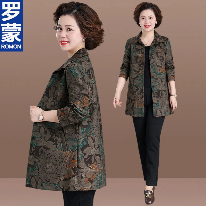罗蒙妈妈外套中老年人女休闲风衣中长款老太太奶奶春秋上衣服新款