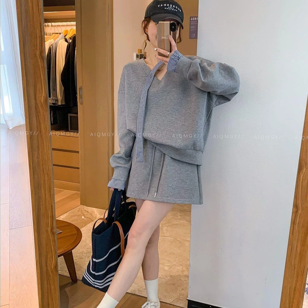 韩系格子拼接长袖卫衣外套女春秋款宽松休闲上衣抽绳半身裙两件套