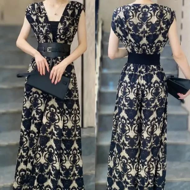 抹胸+腰带+连体裤复古印花松紧显瘦V领时尚洋气短袖连体长裤女016