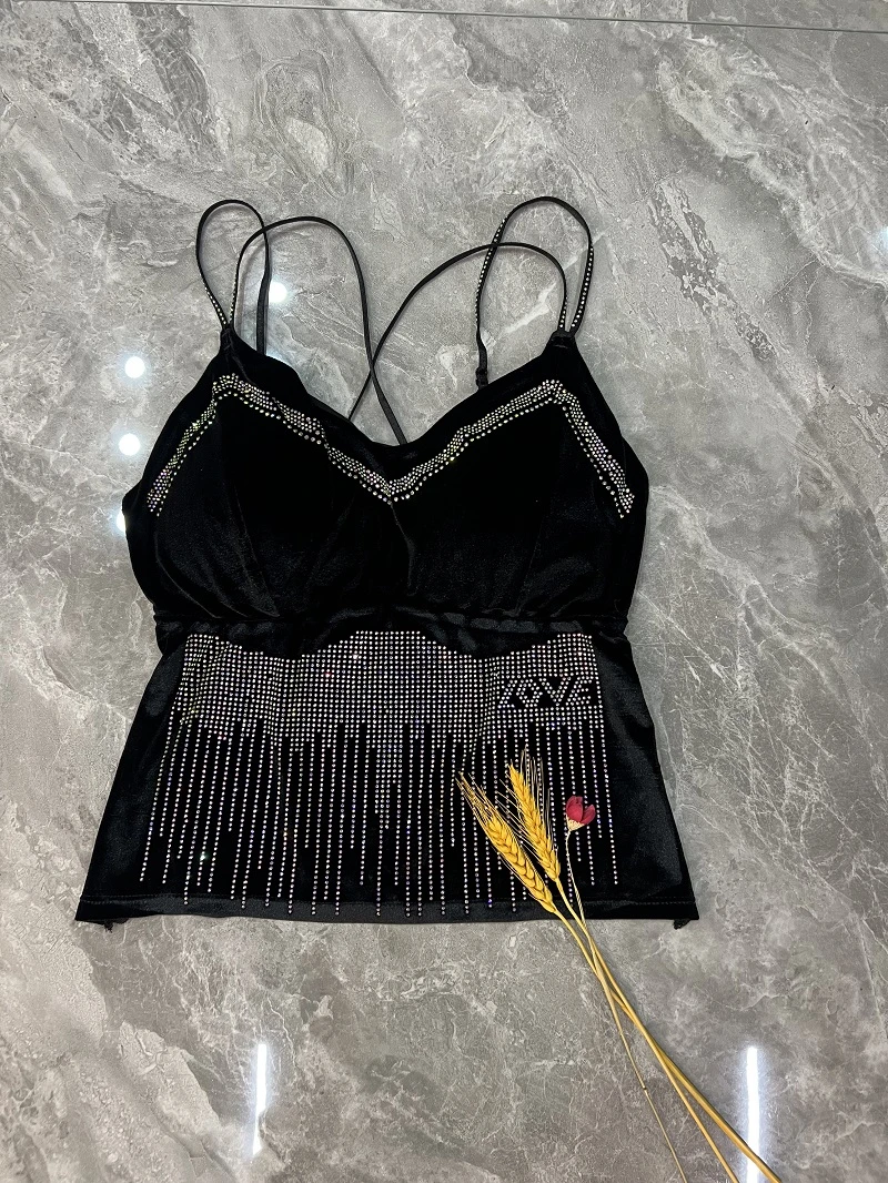 NQY亮钻性感蕾丝新款拼接丝绒打底一体杯修身美背气质上衣背心