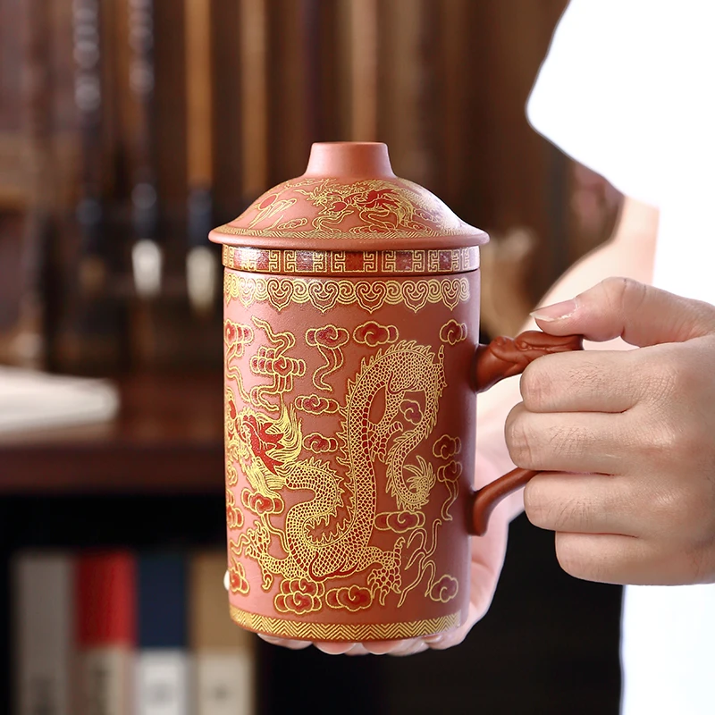 朱泥紫砂茶杯龙纹杯温变色办公杯盖杯茶隔杯大容量带内胆过滤带盖