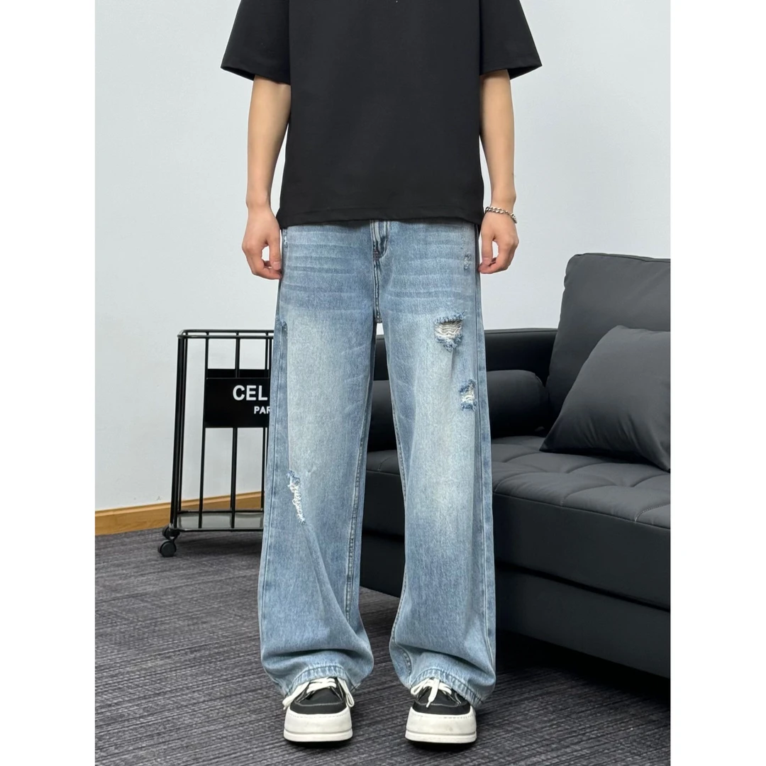 新款春夏款破洞牛仔裤宽松百搭夏季复古直筒水洗裤子男