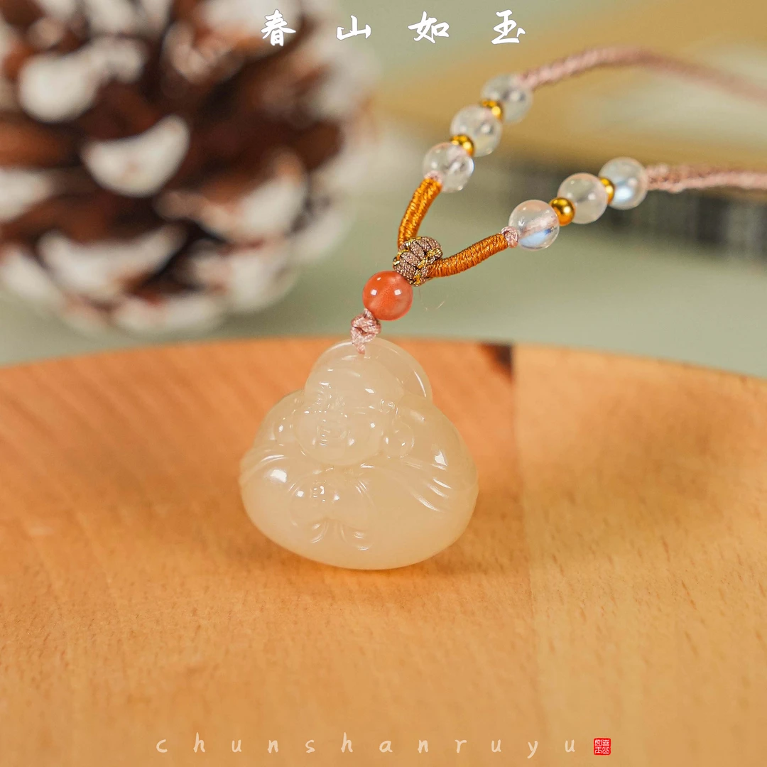 和田玉藕粉抱抱佛公吊坠卡20（多样性发一）