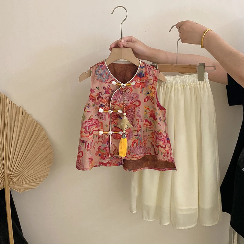 2【安安家】女童夏季锦鲤国风盘扣背心上衣休闲裙裤子两件套Z-YM05