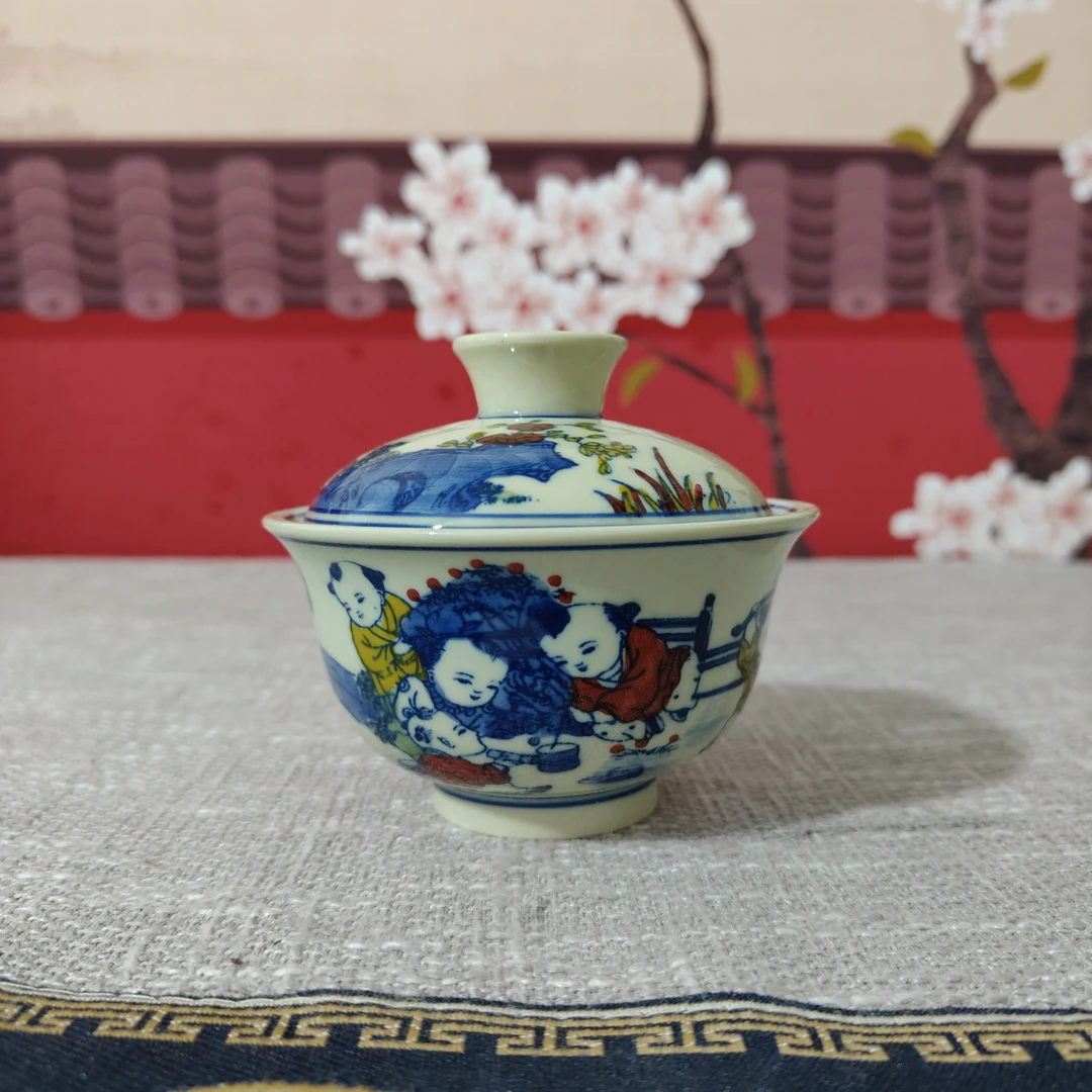 景德镇黄稀土青花釉里红童子童趣二才盖碗柴窑手绘家用泡茶碗茶具