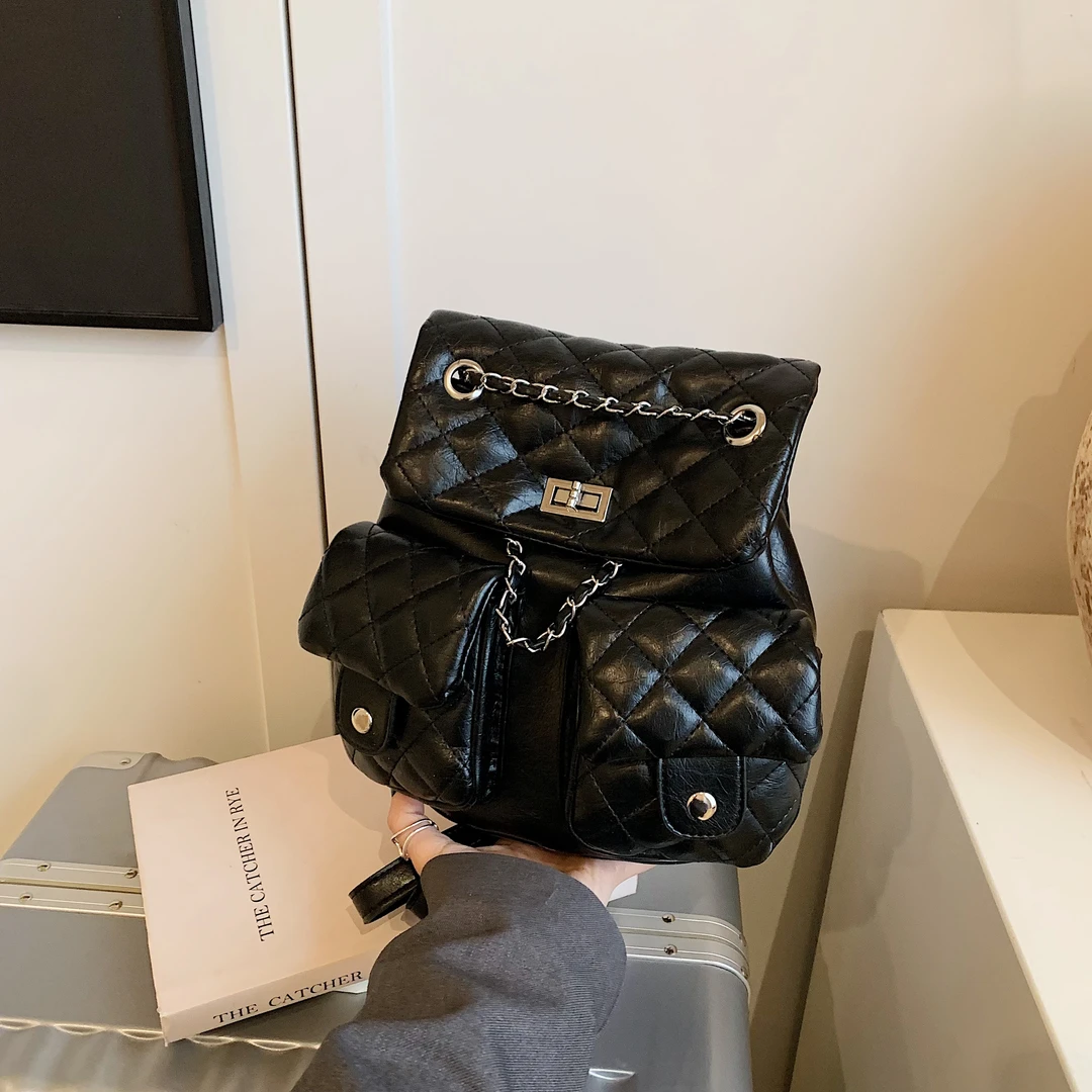 菱格纯色水桶包刺绣背包双肩包双肩背ins黑色通季女士双肩包女