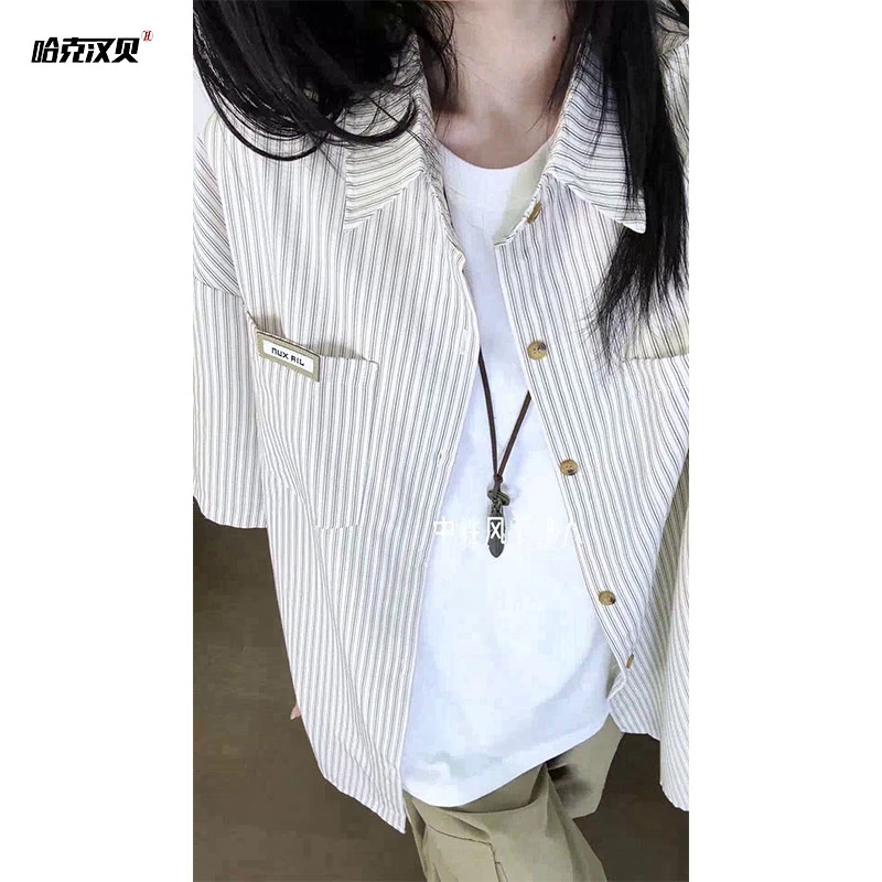 哈克汉贝泡泡纱中性风短袖衬衫夏季薄款慵懒感小清新条纹韩版衬衣