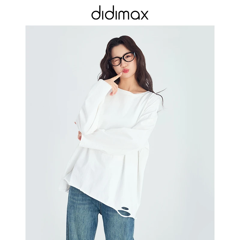DIDIMAX春季新款宽松休闲慵懒上衣纯色破洞T恤C02216