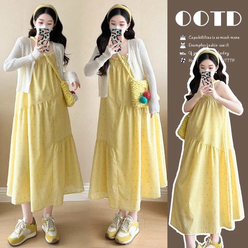 孕妇套装春夏新款时尚韩版气质薄款针织开衫显瘦波点吊带连衣裙子