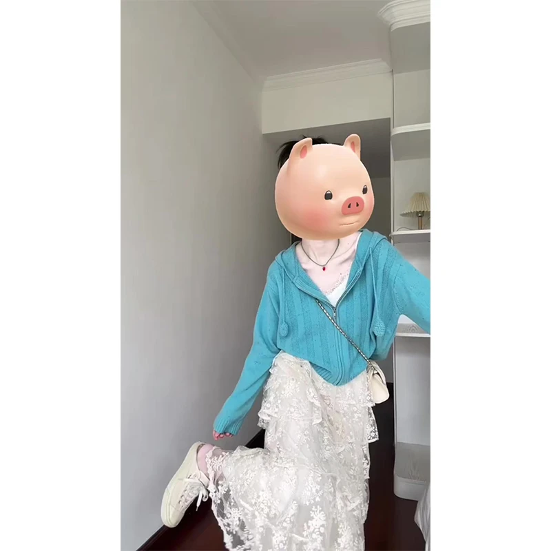 多巴胺秋季穿搭针织开衫连帽拉链外套高腰显瘦多层蕾丝蛋糕裙长裙