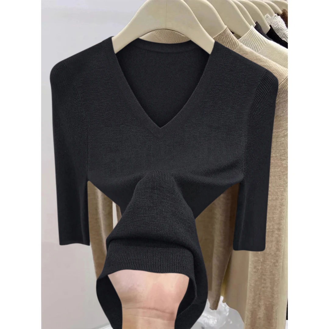 秋季莱塞尔V领套头百搭中袖上衣女2025年新款宽松显瘦气质打底衫