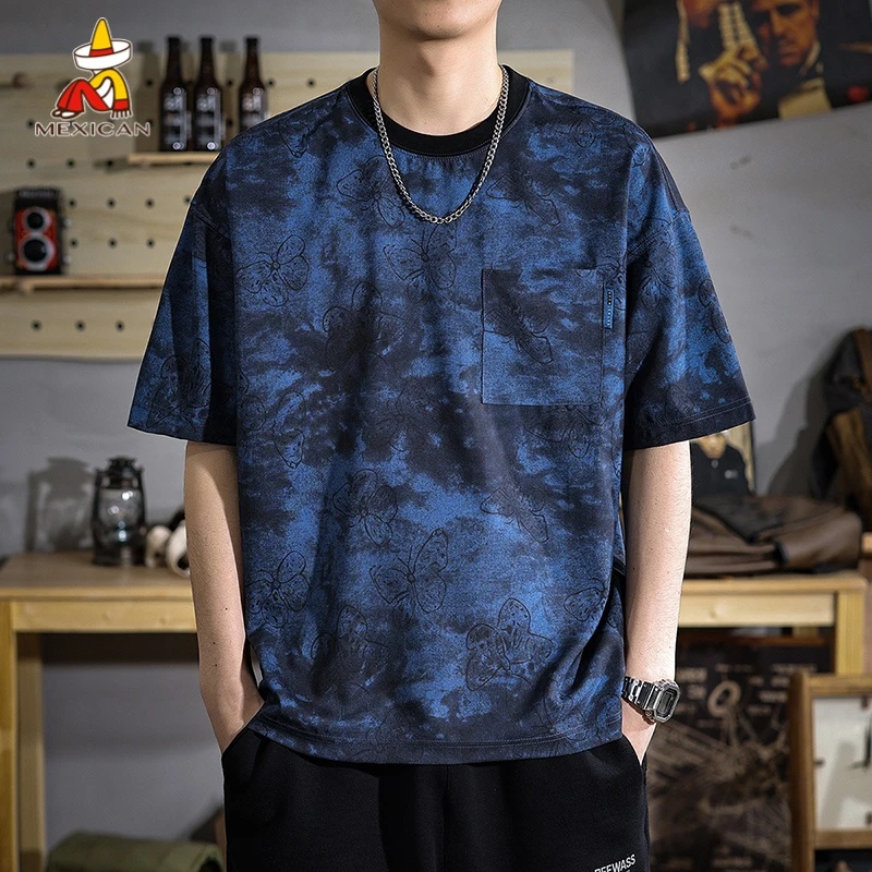 Mexican/稻草人美式休闲T恤短袖男士夏季宽松潮牌扎染体恤上衣薄t