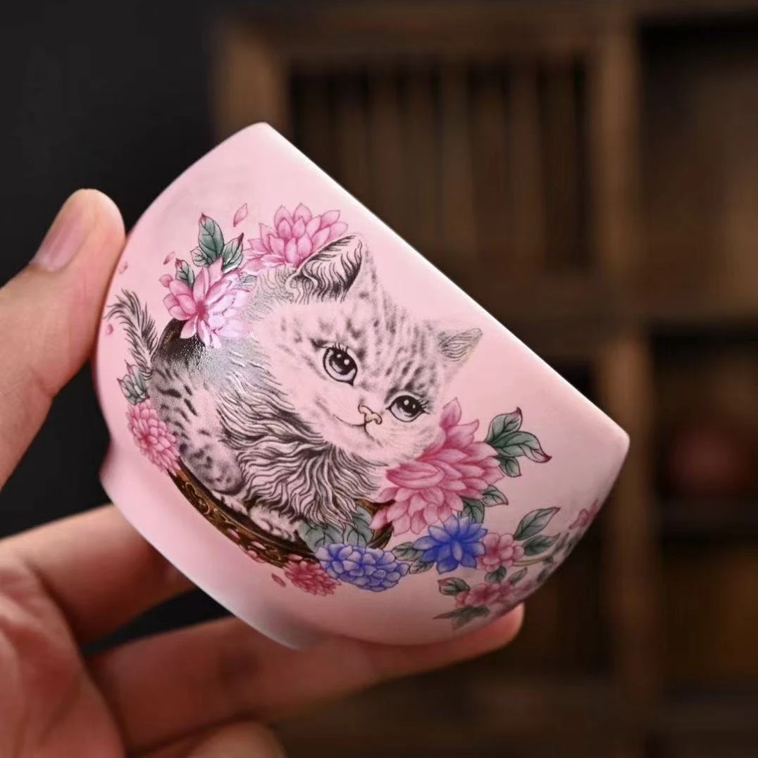 粉色猫茶杯子主人杯单杯女士高端个人专用陶瓷茶杯家用礼物-TJ201