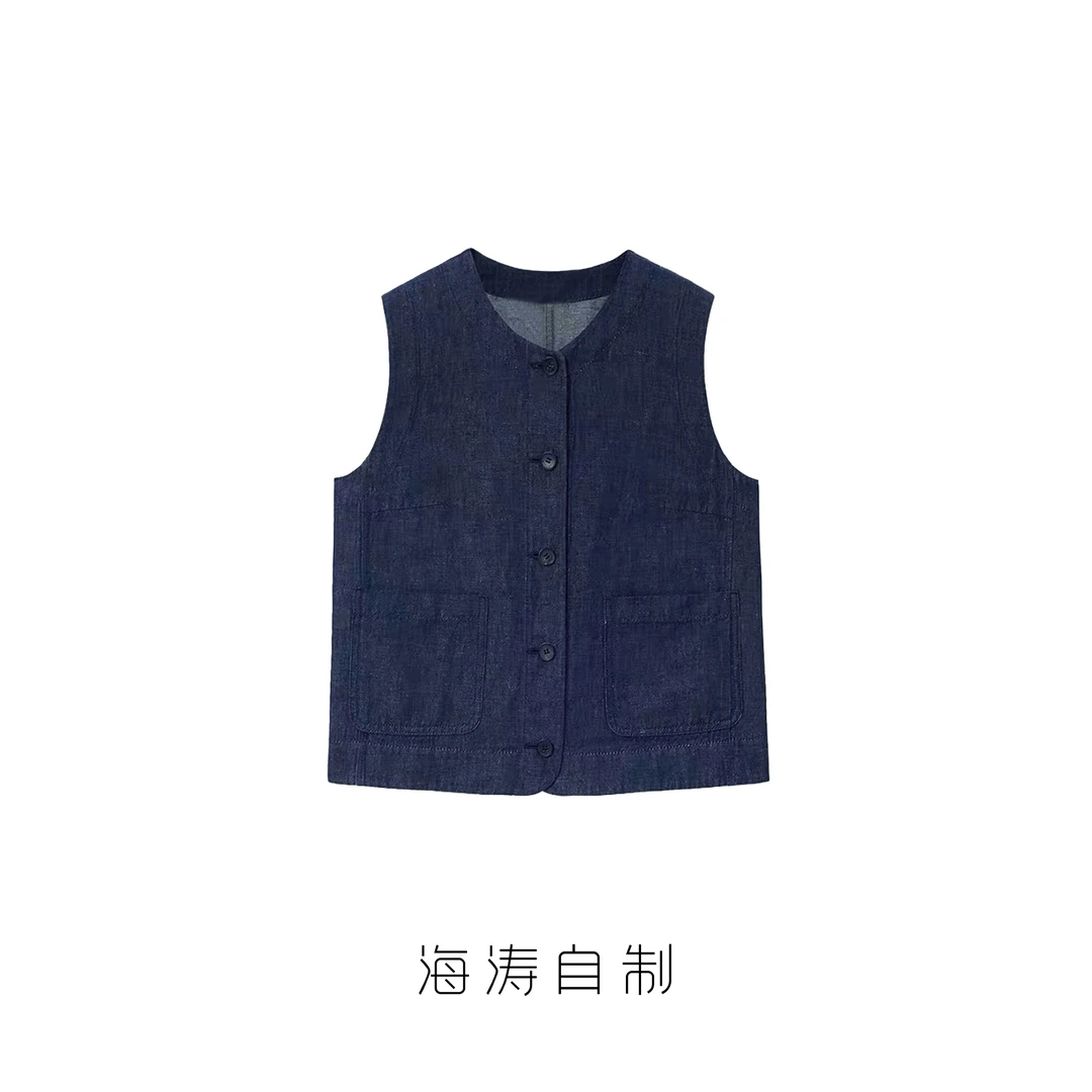 【海涛大叔】小禾复古普洗蓝单排扣无袖圆领马甲