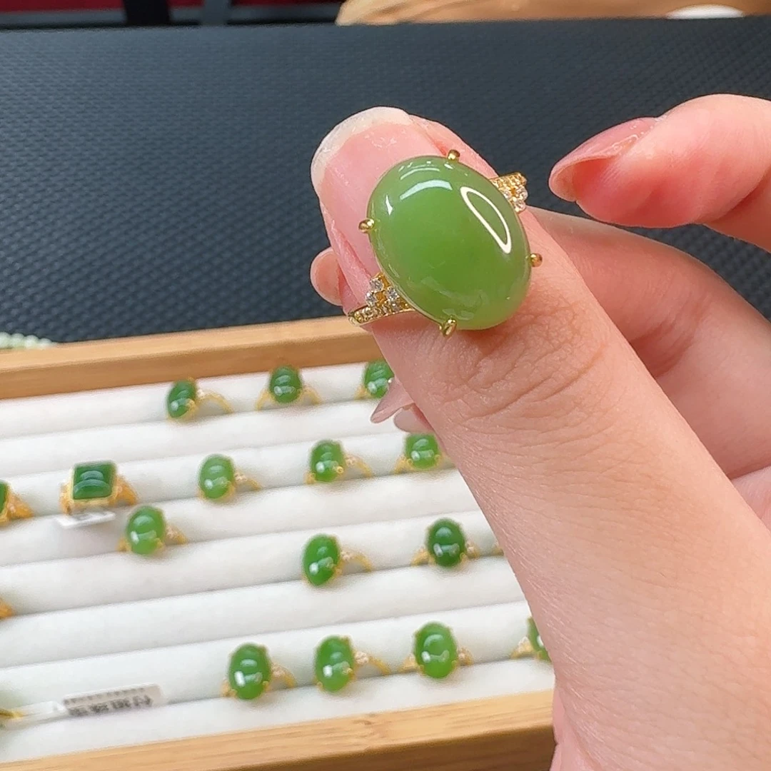 和田玉银S925镶嵌颈饰苹果绿戒指卡16 12