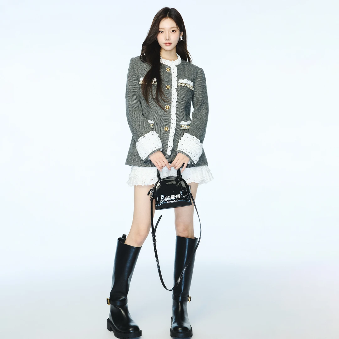 【沈月同款】LEFAME/拉飞姆秋季新品人字呢钉珠浪漫宫廷风大衣