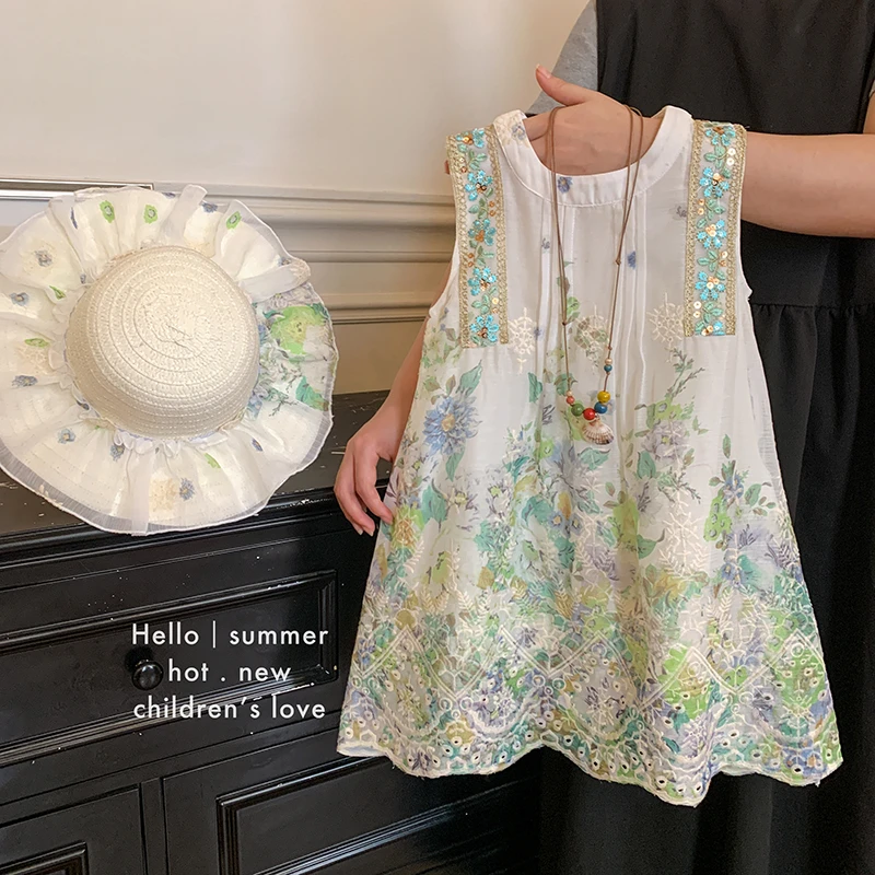 2025夏“袅袅江南”女童花朵背心裙无袖休闲风宽松连衣裙25X113