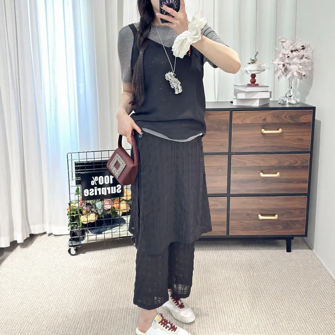 现货【ASY格子屁帘九分裤】2025夏淡格肌理拼接阔腿休闲裤女