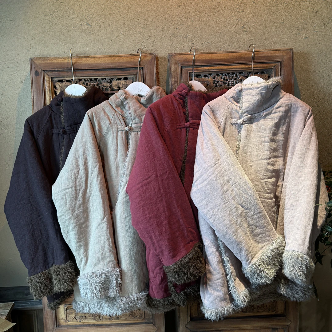 【依豆麻衣】秋冬新款羊羔毛立领复古盘扣斜襟棉衣外套