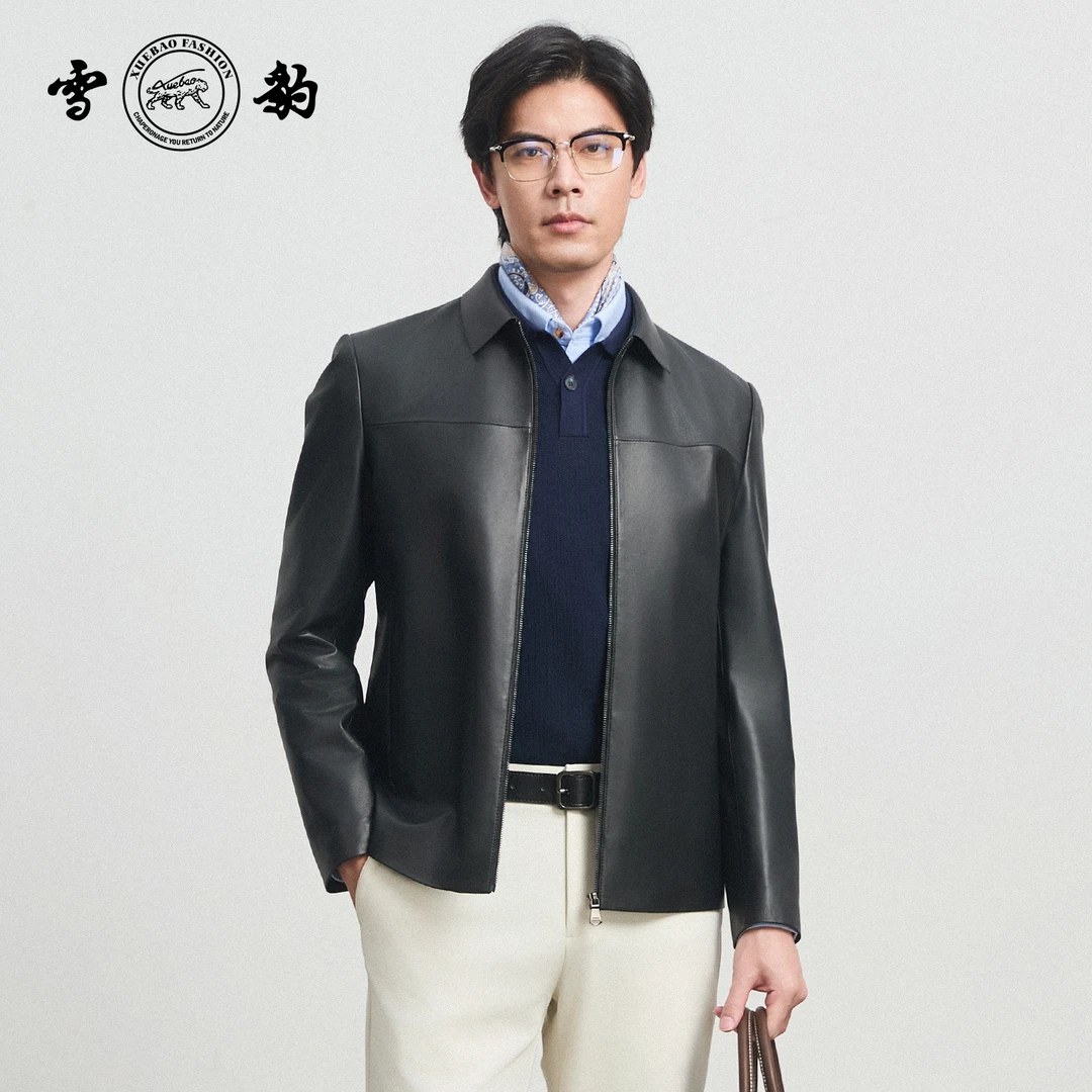 【专柜】雪豹2025新款88646绵羊皮翻领真皮皮衣商务休闲男士皮夹克
