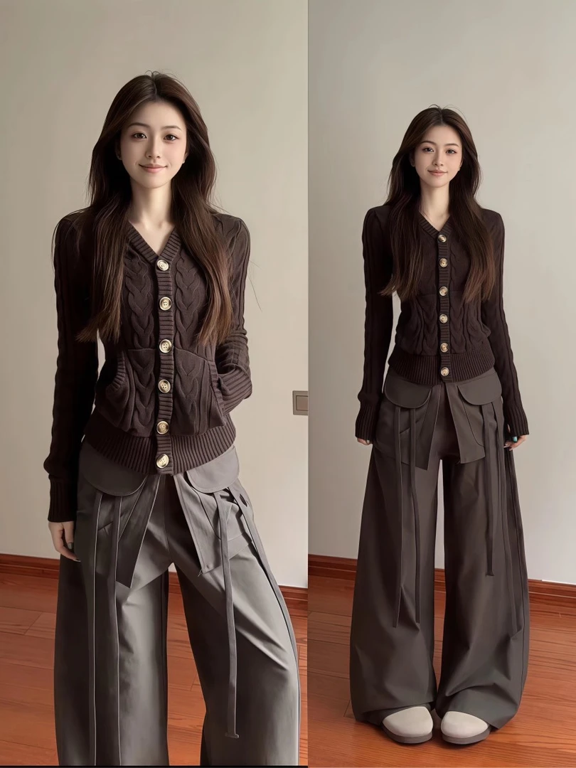 复古咖色修身连帽针织衫毛衣女2025早秋新款学院慵懒风高级感上衣