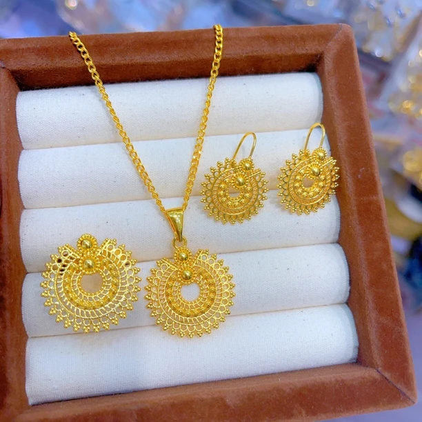 铜合金项链 1731新款三件套首饰耳环项链戒指爆款白搭金色铜合金