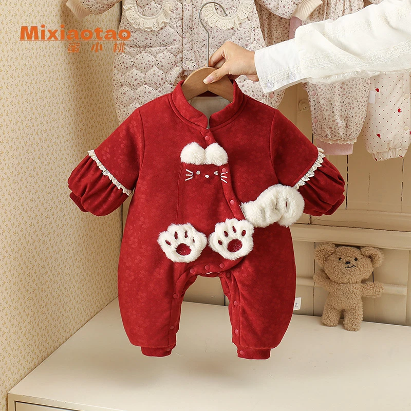 冬款绒绒猫咪红色连体衣加厚夹棉棉服冬季宝宝衣服哈衣满月婴儿