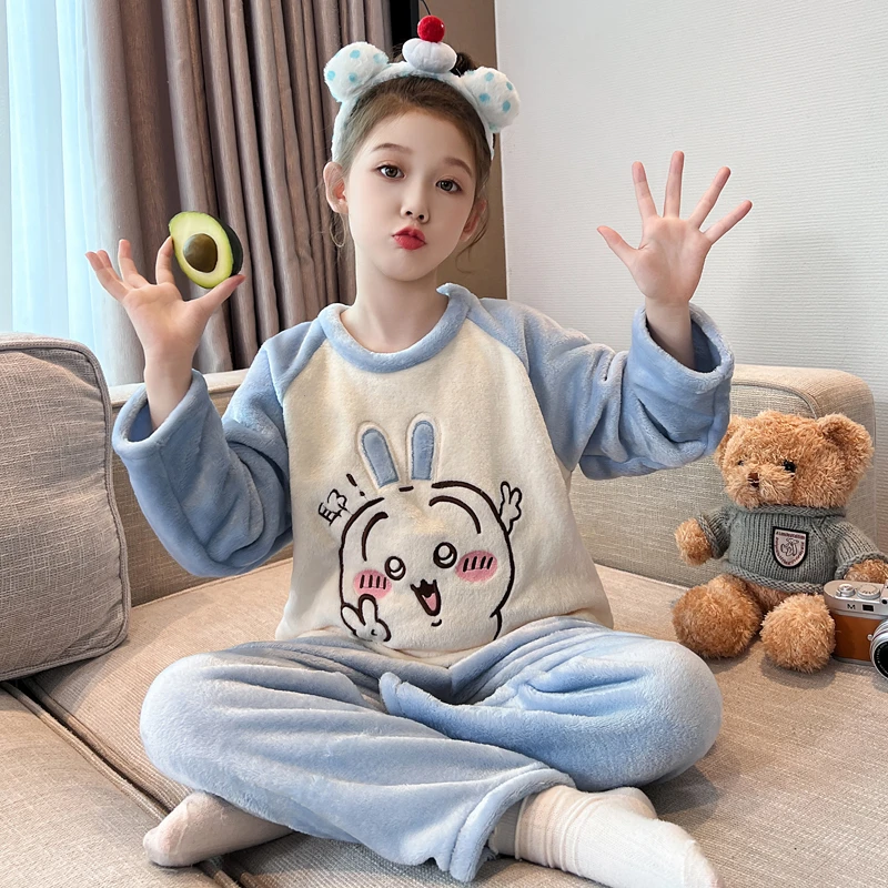 女童冬季法兰绒家居服2025新款儿童女孩加厚睡衣初中生宝宝保暖套