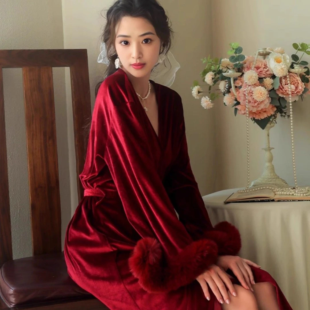 法式晨袍新娘高级感羽毛结婚睡袍金丝绒本命年红色睡衣女士秋冬季
