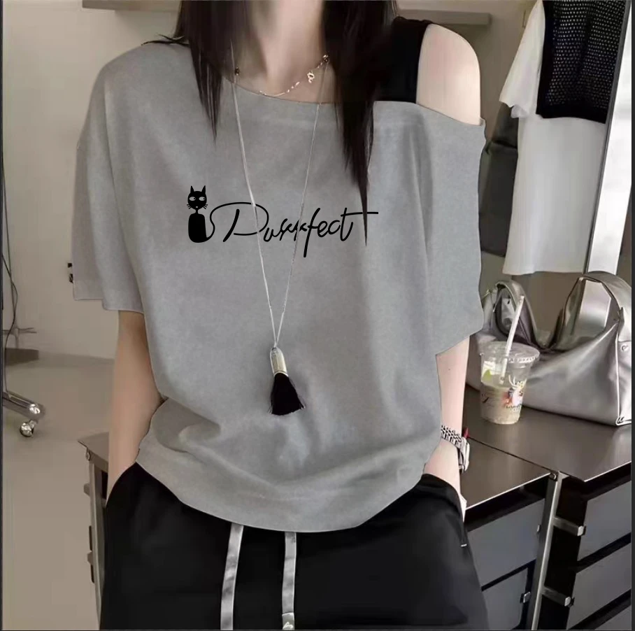 韩系字母印花斜肩上衣女2025夏季新款设计感撞色露肩吊带短袖T恤