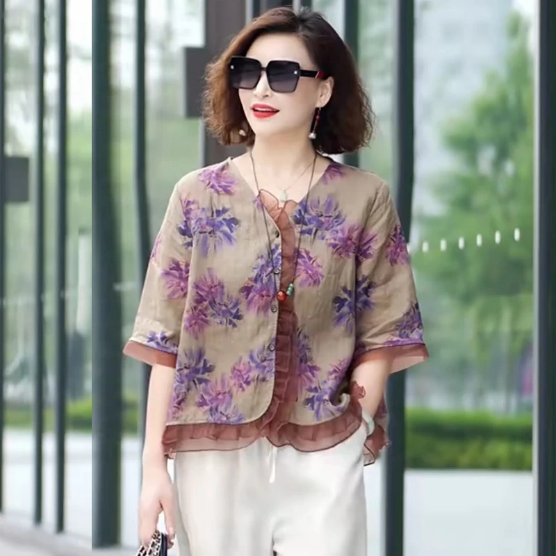 2025夏季文艺宽松显瘦百搭时尚衬衫印花漂亮洋气大码五分袖上衣女