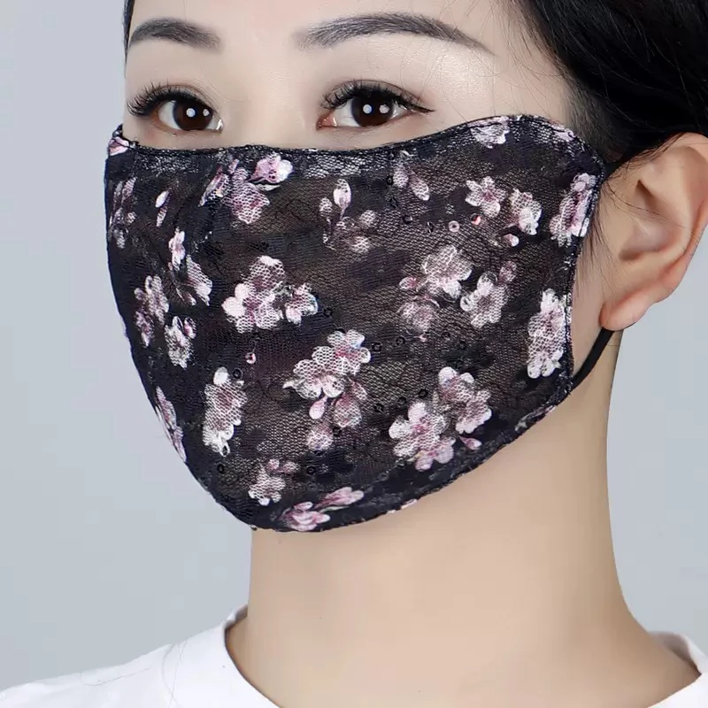 素颜神器超美优雅蕾丝亮片透气印花口罩防晒显脸小装饰网红面罩女