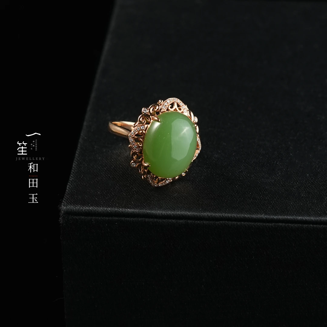 【一笙珠宝】天然和田玉碧玉蛋面戒指18k金裸石约14*11*8mm