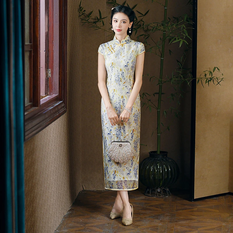 苏禧旗袍·改良白色雪纺长旗袍女夏年轻款碎花连衣裙日常气质