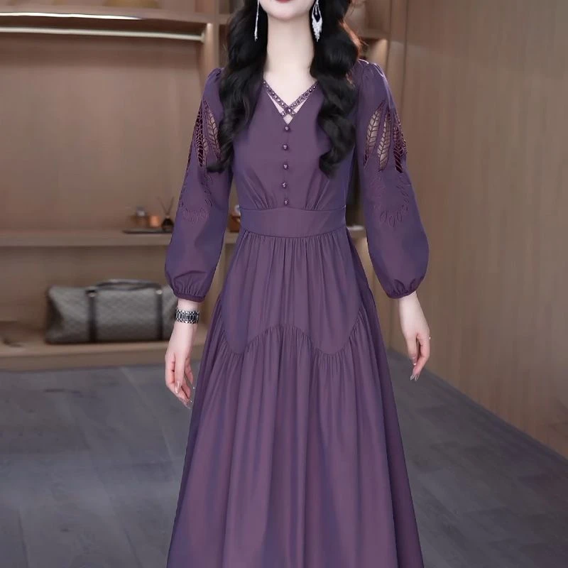 早春气质显瘦通勤紫色连衣裙时尚女装连衣裙裙子春季收腰显瘦