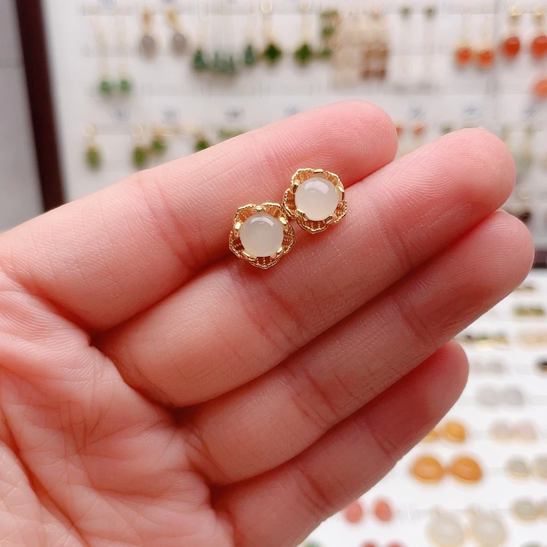 和田玉银S925镶嵌耳饰