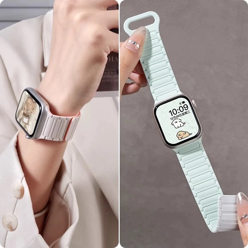 适用苹果手表s10表带硅胶磁吸三珠回环款applewatch8/9代手表带