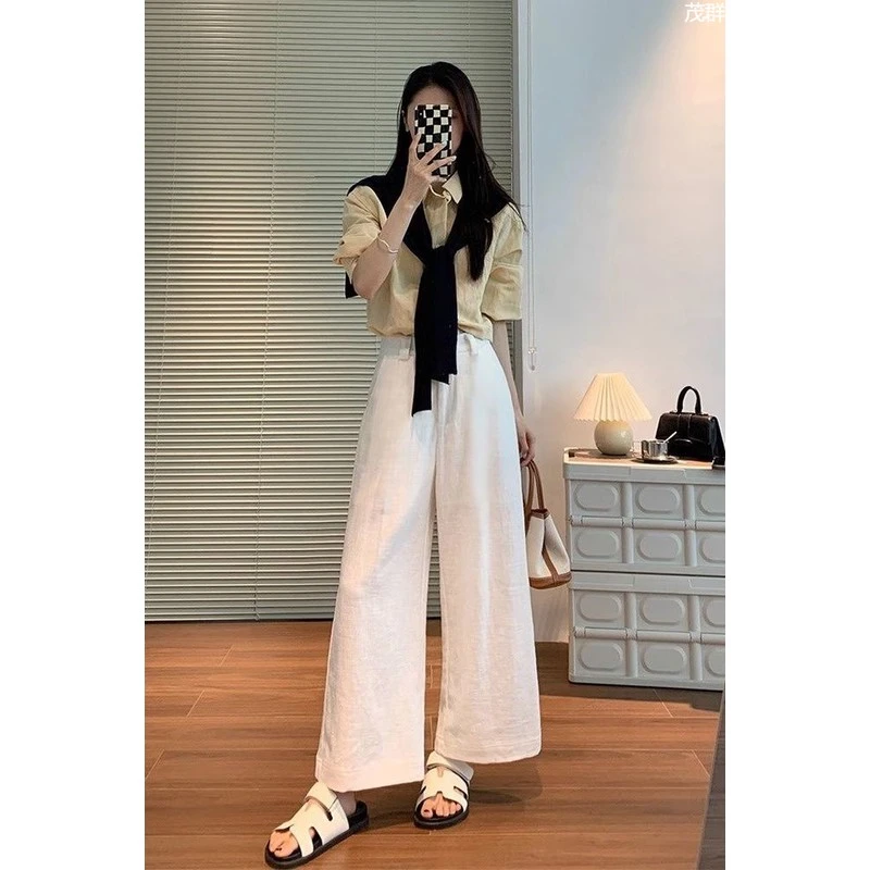 白色亚麻阔腿裤女夏季新款宽松慵懒松弛感老钱风休闲九分直筒裤