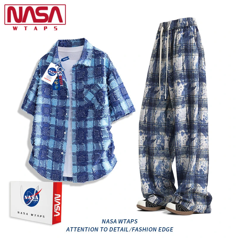 NASA WTAPS潮牌格子流苏短袖衬衫套装男夏季新款痞帅衬衣长裤套装