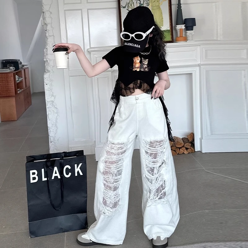 女童短袖长裤夏季蕾丝套装2025年儿童设计感上衣破洞阔腿裤两件套